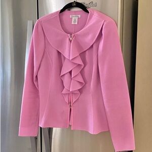 Oscar de la Renta Pink Ruffle Detail Zip Front Crepe Jacket